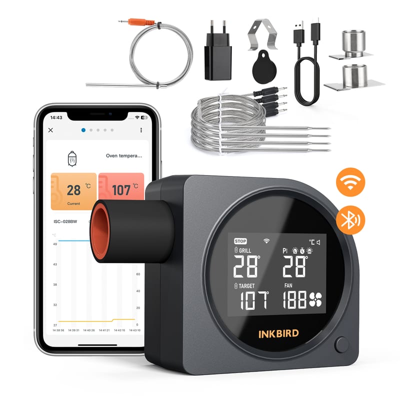 Inkbird ISC-028BW smoker-ventilatorcontroller met rond display in °C, meegeleverde sondes en EU-stekkeradapter, naast een telefoon met de Inkbird-app